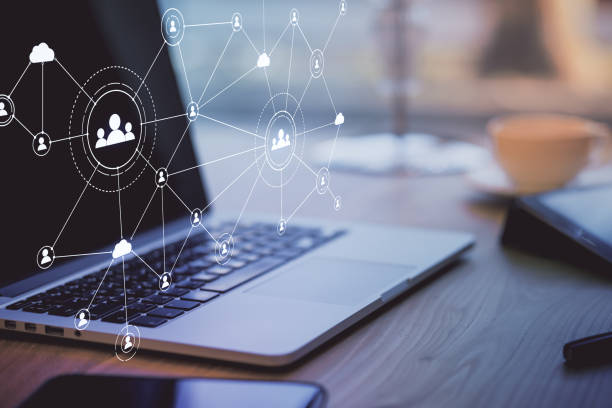 istock Social and corporate networking concept with virtual screen with application icons set and laptop 1310315779