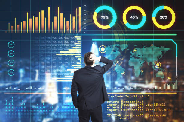 istock Stats data concept with businessman grabbing his head and looking at virtual screen with data indicators. 1310315946