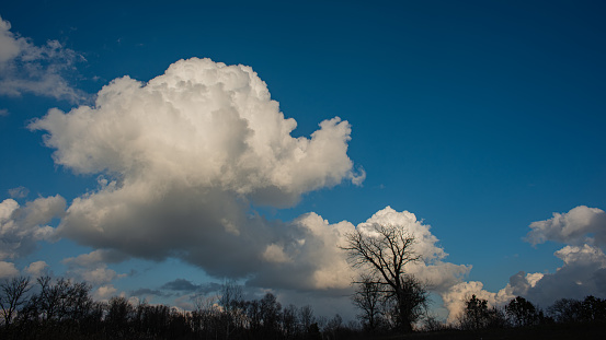 Huge clouds against the background of the evening sky and trees on the horizon, a landscape in the wild. Autumn season. Ukraine. Europe. Web banner.