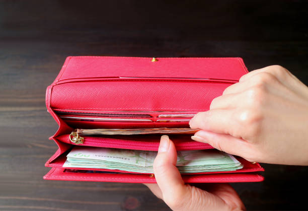 istock Woman's hand holding bunch of banknotes in a red wallet 1310316541