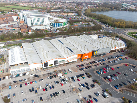 Sutton in Ashfield Mansfield Nottingham B and Q superstore 30.3.2021 aerial view of diy mega store shop and carpark in Nottinghamshire viewed from above looking down at sign with logo