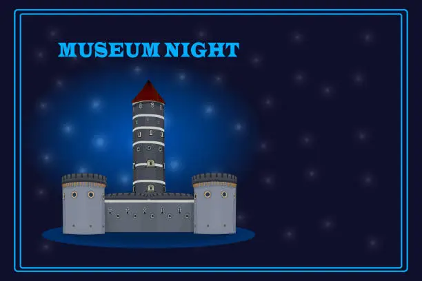 Vector illustration of Museum night. Ancient castle at starry sky background.