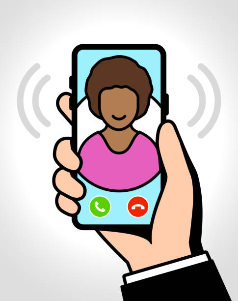 Incoming call on smartphone Hand holding smartphone, it rings. An african woman video call on mobile phone screen. global girlfriend stock illustrations