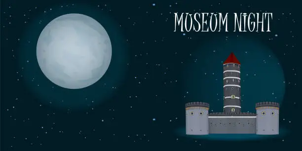 Vector illustration of Museum night. Ancient castle at starry sky background.