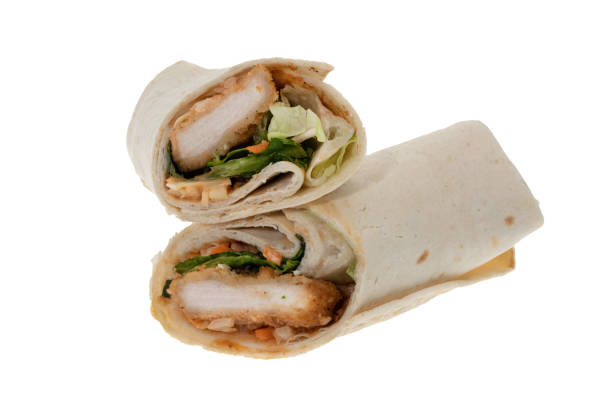 Chicken kebap - Chicken Salad Sandwich Wrap on a plate - white background
