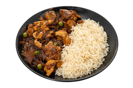 Plate of chicken teriyaki with white rice - white background