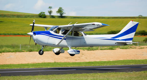 istock Sports airplane in motion over runway 1310319531