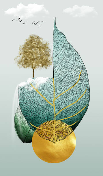 3d chinese landscape . gray background golden tree and birds , mountains tree leaf and white clouds .