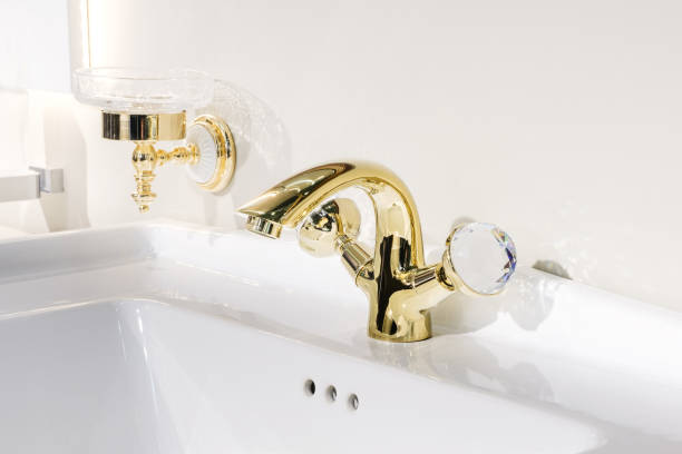 istock Retro classic bathroom interior, clean bright stylish designer modern bathroom 1310321699