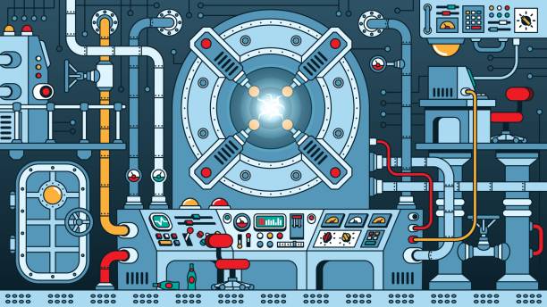Steampunk machine - fantastic nuclear reactor. Energy device control room Steampunk machine - fantastic nuclear reactor. Energy device control room in physical laboratory. Time Machine. Sci-fi apparatus. Vector illustration. atom nuclear energy physics science stock illustrations