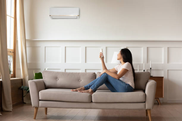istock Smiling young asian ethnic woman managing cooling system at home. 1310325650