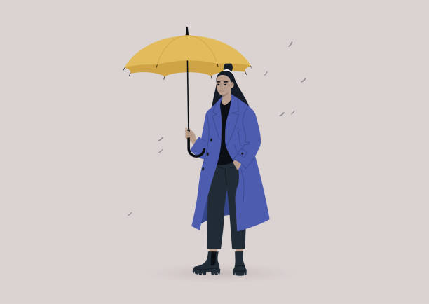 ilustraciones, imágenes clip art, dibujos animados e iconos de stock de una joven asiática con un abrigo de gran tamaño y sosteniendo un paraguas amarillo, un concepto meteorológico lluvioso - parasol umbrella asian ethnicity asian culture