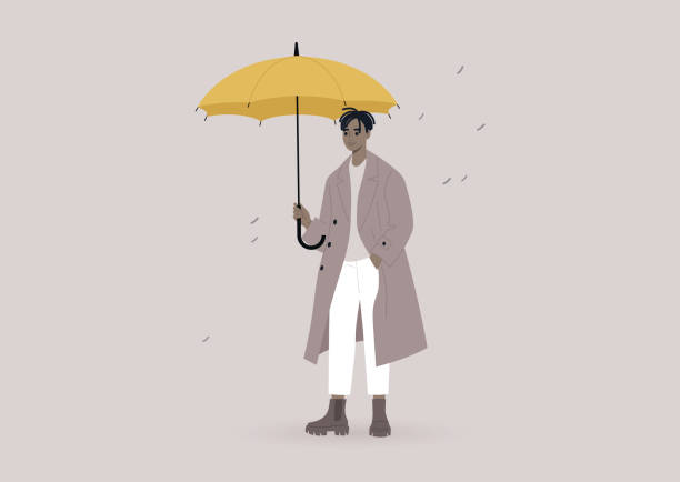 A young male Black character wearing an oversize coat and holding a yellow umbrella, a rainy weather concept A young male Black character wearing an oversize coat and holding a yellow umbrella, a rainy weather concept rain silhouettes stock illustrations