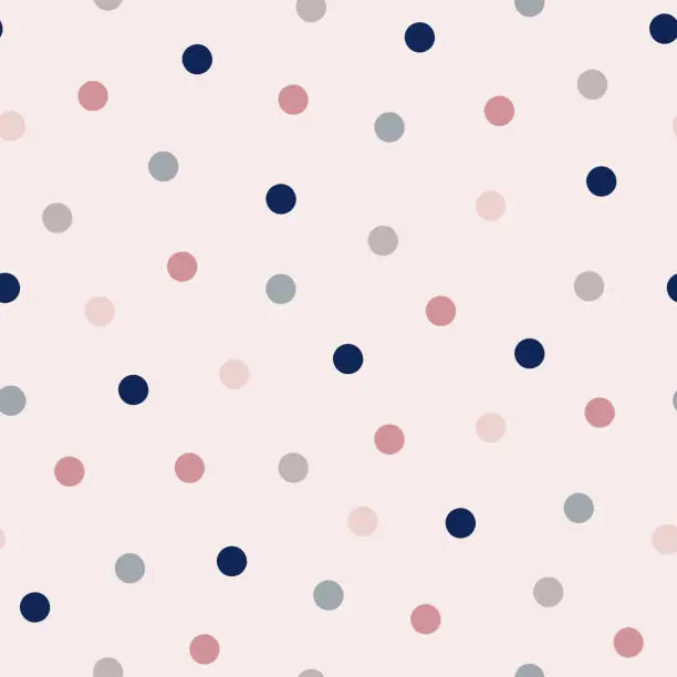 Vector illustration of Polka dot seamless vector pattern. Navy blue, pink, grey and beige points, confetti on pink background for cute kid and fashion print design