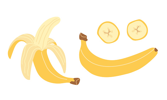 Fresh banana whole, peeled, in parts. Set of vector illustrations in flat style isolated on white