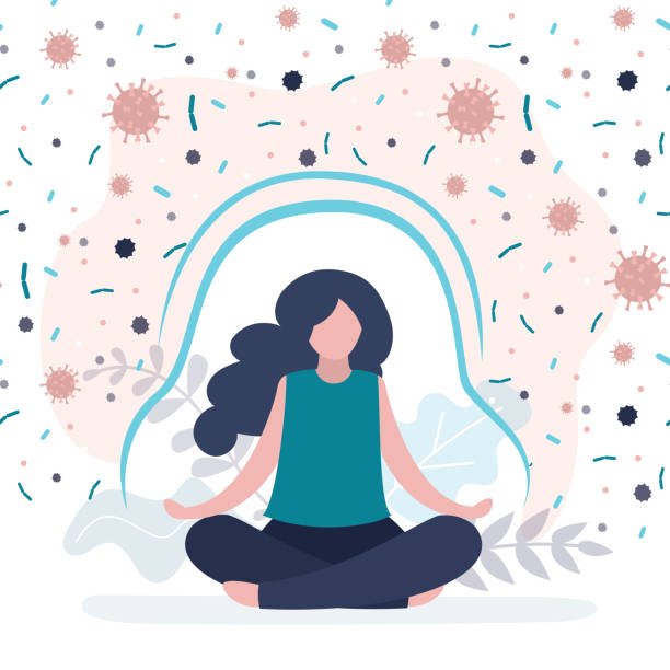 ilustraciones, imágenes clip art, dibujos animados e iconos de stock de carácter femenino protegido de bacterias y virus. mujer estimulando el sistema inmunológico con yoga. linda chica practicando meditación - sistema inmune humano