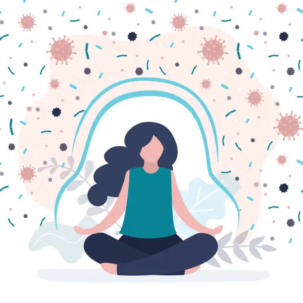 Vector illustration of Female character protected from bacteria and viruses. Woman boosting immune system with yoga. Cute girl practicing meditation