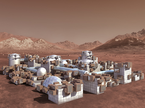 3D illustration of a Mars colony, on a red rocky terrain with industrial, modular, architecture and habitat pods, for science fiction or space exploration backgrounds.