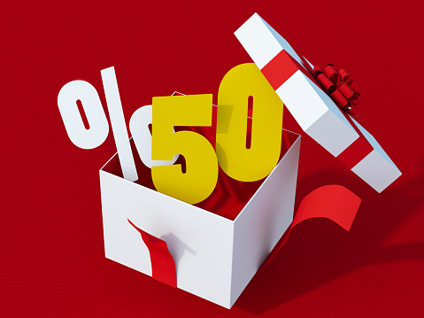 %50 Percentage Sale Sign with Gift Box. 3d Render