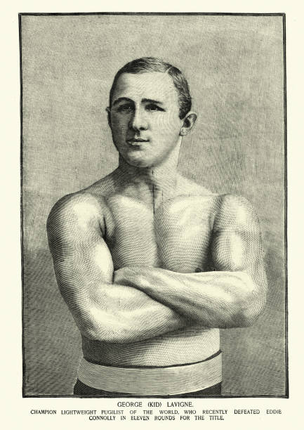 George Kid Lavigne, Victorian boxer, World Lightweight champion, 19th Century Vintage illustration of George Henry "Kid" Lavigne (December 6, 1869 to March 9, 1928) was boxing's first widely recognized World Lightweight champion, winning the vacant title on June 1, 1896. boxing sport illustrations stock illustrations