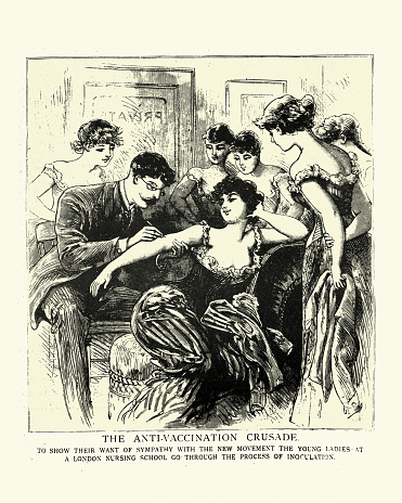 Vintage illustration of Anti vaccination crusade, Young women at London nursing school are inoculated, to prove vaccine is safe, Victorian, 1890s 19th Century