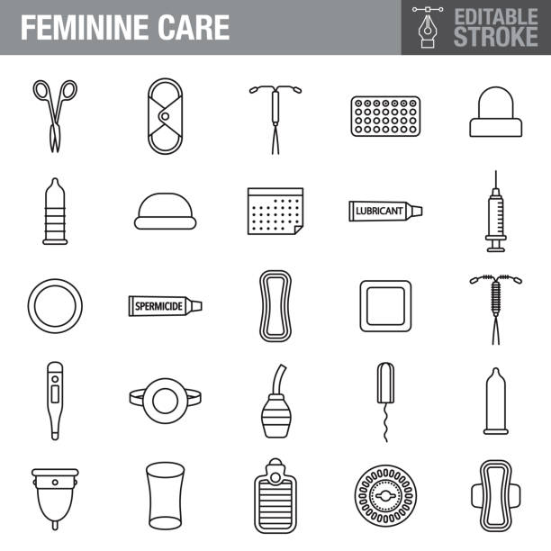 ilustraciones, imágenes clip art, dibujos animados e iconos de stock de conjunto de iconos de trazo editable de cuidado femenino - menstruation tampon gynecological examination sex