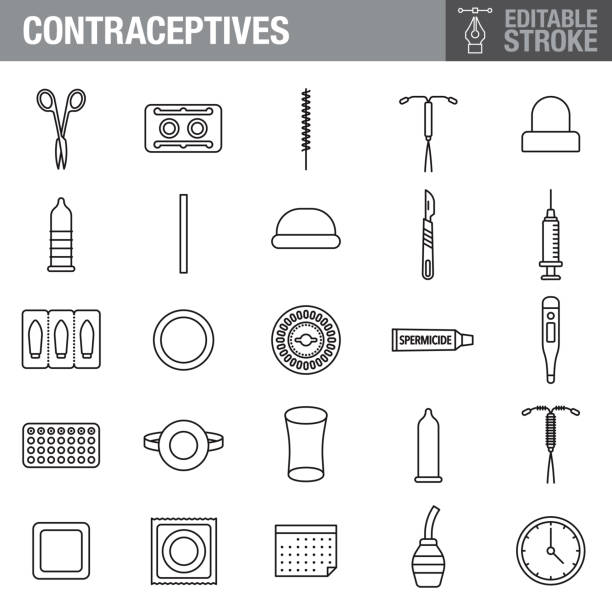 ilustraciones, imágenes clip art, dibujos animados e iconos de stock de conjunto de iconos de trazo editable de anticonceptivos - contraceptive condom sex education diaphragm