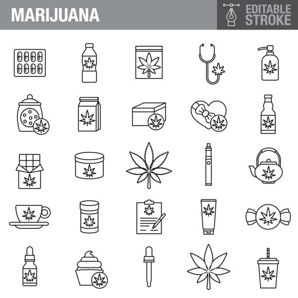 Marijuana Editable Stroke Icon Set A set of editable stroke thin line icons. File is built in the CMYK color space for optimal printing. The strokes are 2pt black and fully editable, so you can adjust the stroke weight as needed for your project. bong vector stock illustrations