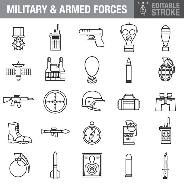 Military Editable Stroke Icon Set A set of editable stroke thin line icons. File is built in the CMYK color space for optimal printing. The strokes are 2pt black and fully editable, so you can adjust the stroke weight as needed for your project. Missile stock illustrations