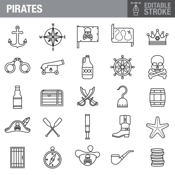 Pirate Editable Stroke Icon Set A set of editable stroke thin line icons. File is built in the CMYK color space for optimal printing. The strokes are 2pt black and fully editable, so you can adjust the stroke weight as needed for your project. cannon artillery stock illustrations