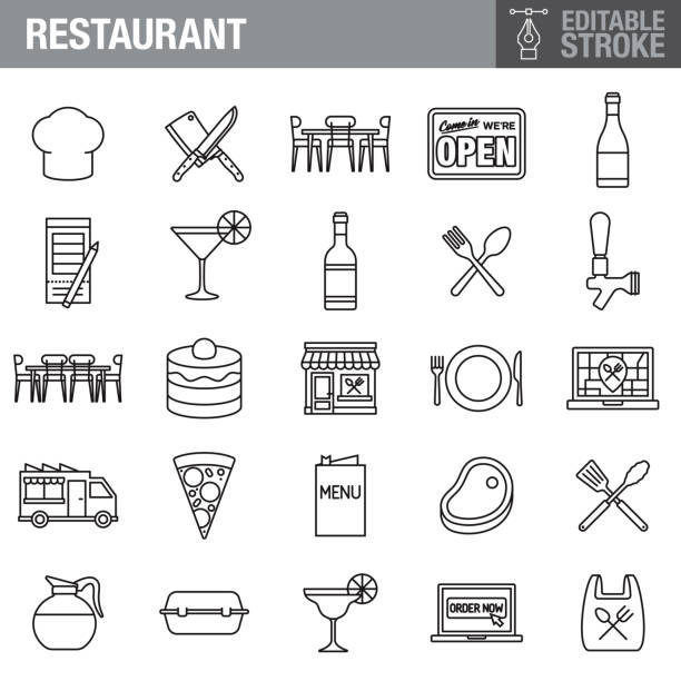 Restaurant Editable Stroke Icon Set A set of editable stroke thin line icons. File is built in the CMYK color space for optimal printing. The strokes are 2pt black and fully editable, so you can adjust the stroke weight as needed for your project. lunch symbols stock illustrations