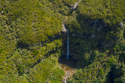 Aerial view of Risco Waterfall, Rabaçal, Paul da Serra, Central Madeira. 

The waterfall is inside a subtropical rainforest. These 