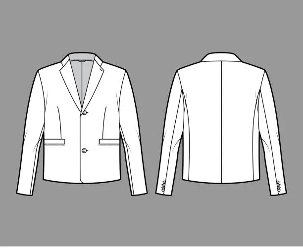 Vector illustration of Single breasted jacket suit technical fashion illustration with long sleeves, notched lapel collar, flap welt pockets