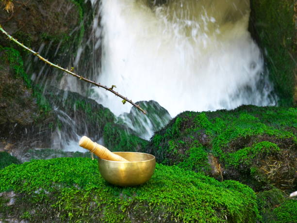 背景に滝のある自然の中に置かれた歌うボウル - music wellbeing rin gong bowl ストックフォトと画像