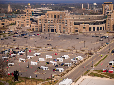 Aerial Shot of Mass Vaccination Site on University of Notre Dame Campus March 2021 Drive through clinic with National Guard