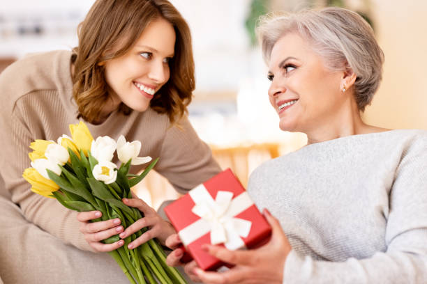 positive women giving presents to each other at home - 16636 imagens e fotografias de stock