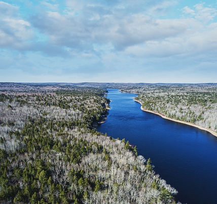 Aerial view of the Taylorsville lake shape in central kentucky with tree covered shoreline