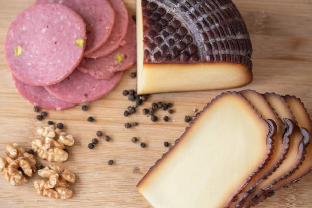 Smoked cheese on cutting board