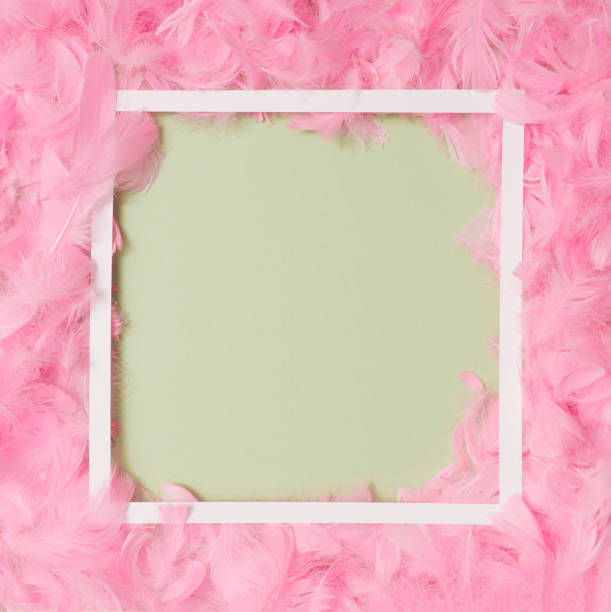 istock A square frame with a pastel green copy space in the center with pink feathers in background. Top view. 1310346978
