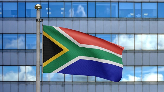 3D illustration African RSA flag waving in a modern skyscraper city. Beautiful tall tower with South Africa banner blowing soft silk. Cloth fabric texture ensign background.