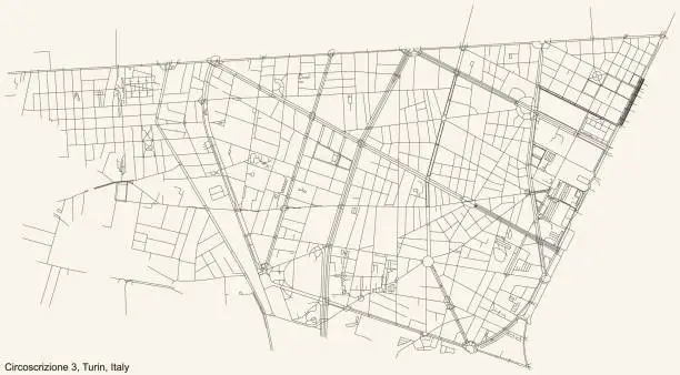 Vector illustration of Street roads map of the borough Circoscrizione 3 (San Paolo, Cenisia, Pozzo Strada, Cit Turin, Borgata Lesna) of Turin, Italy