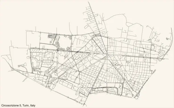 Vector illustration of Street roads map of the borough Circoscrizione 5 (Borgo Vittoria, Madonna di Campagna, Lucento, Vallette) of Turin, Italy
