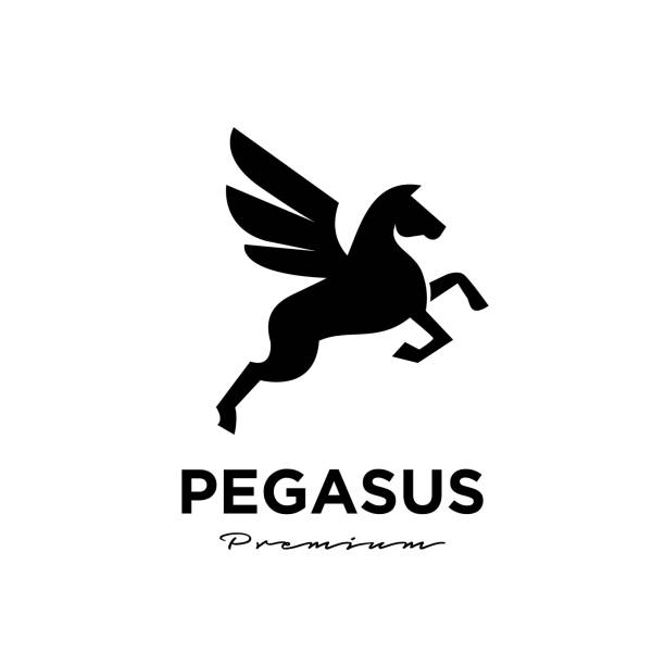 ilustraciones, imágenes clip art, dibujos animados e iconos de stock de pegasus fly horse, caballo negro, logotipo vector de inspiración de diseño - pegasus horse symbol mythology