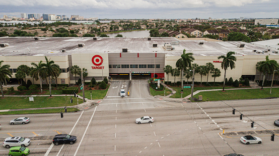 Aerial View of a Two-Level Target Store Near the Palm Beach Outlets on Palm Beach Lakes & I-95 in West Palm Beach, Florida During Spring Break in March of 2021.