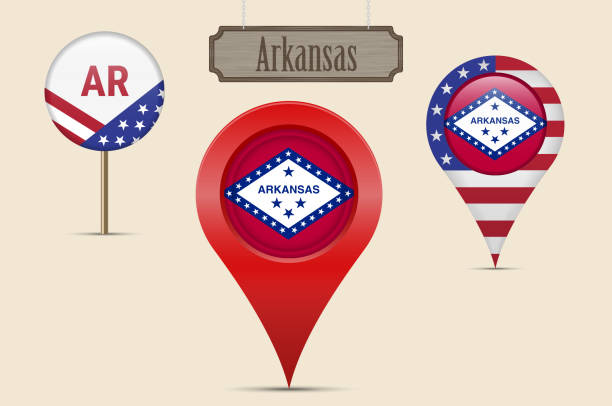 Arkansas US state round flag. Map pin, red map marker, location pointer. Hanging wood sign in vintage style. Vector illustration. American stars and stripes flag. Two-letter state abbreviation.