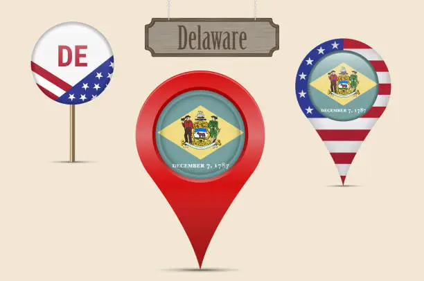 Vector illustration of Delaware US state round flag. Map pin, red map marker, location pointer. Hanging wood sign. Vector illustration