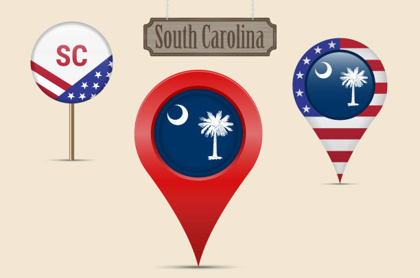 사우스 캐롤라이나 미국 ��주 라운드 플래그. 맵 핀, 빨간색 맵 마커, 위치 포인터. 매달려 나무 표지판. 벡터 일러스트레이션 - south carolina flag interface icons symbol stock illustrations
