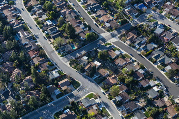Suburban Homes Aerial Southern California Aerial view of suburban residential area near Los Angeles in Ventura County, California. district stock pictures, royalty-free photos & images