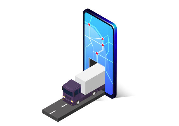 Concept isometric mobile app Concept isometric mobile app transport location control tracker stock illustrations