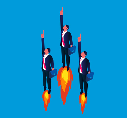 Isometric business team group taking off on flames, successful team and growing team, business concept illustration
